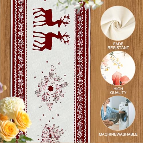 FOREVER QUEEN 7-Piece Christmas Table Runner & Placemats Set Reindeer Snowflakes