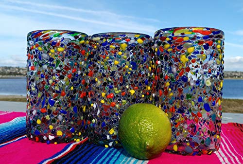 Hand Blown Mexican Drinking Glasses Set of 6 - Confetti Rock Design, 14 oz