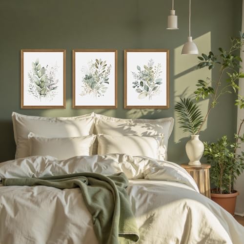Sage Green Botanical Wall Art Set of 3 - Framed Watercolor Eucalyptus Canvas Prints - 16x12 Inches