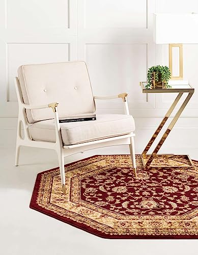 Octagonal Area Rug 7'11 x 7'11 Red Gold Oriental Classic Design - Voyage Collection Variation