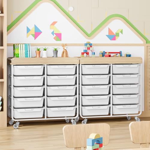 TOOLF White 10 Drawer Mobile Craft Storage Cart with Wood Top