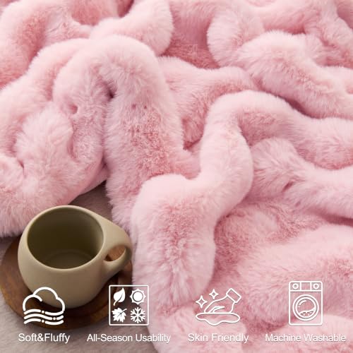Pink Faux Fur Throw Blanket 50x60 Reversible Bubble Plush Texture - Comelady