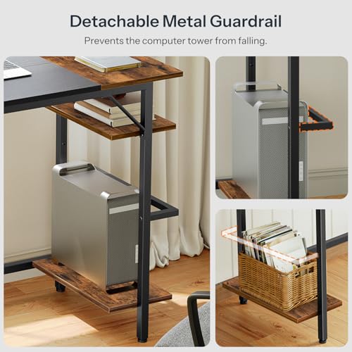 Small Computer Desk with Power Outlet & Shelves - Rustic Brown & Black, 35.4 Inch Modern Home Office Desk with Reversible Design