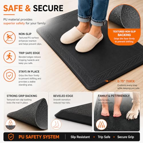 Anti-Fatigue Kitchen Mat 24x60 Inches - Waterproof Non-Slip Standing Desk Runner - Bordeaux Black, Extra Support
