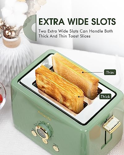 Amaste 2-Slice Retro Toaster with LED Display, Matcha Green, Extra Wide Slots