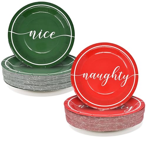 50 Pack Christmas Disposable Dinner Plates 9-Inch Naughty & Nice Holiday Tableware