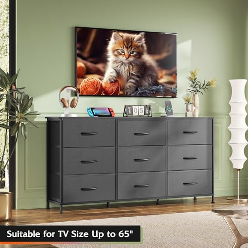 Black Large Size TV Dresser with 9 Fabric Drawers, 65 Inch Storage Console