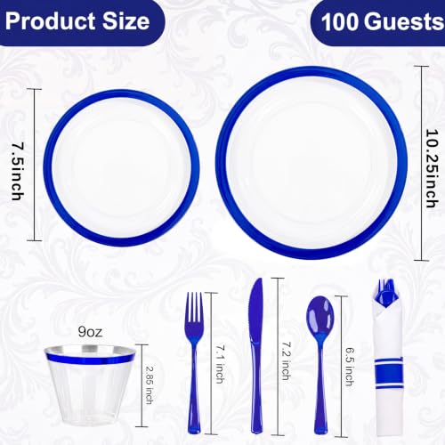 700Pcs Dark Blue Plastic Dinnerware Set for 100 Guests - Clear Plates & Utensils
