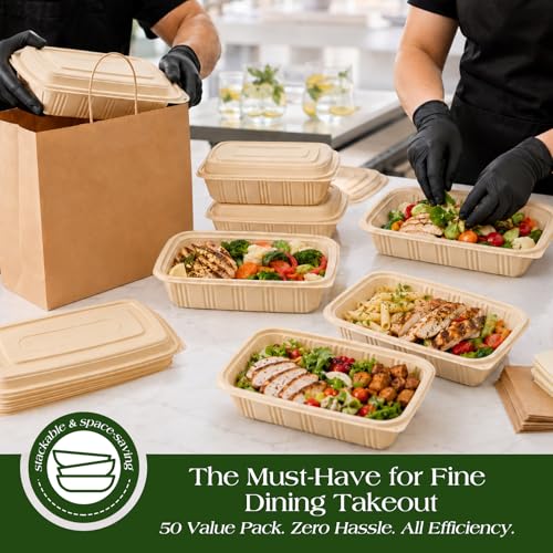 28 oz Meal Prep Containers with Lids - 50 Pack Plant-Based Food Storage Bins