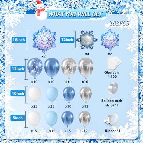 Snowflake Balloon Arch Garland Kit 182pcs, Snowflake Balloon Arch Kit Silver Blue White Wonderland Balloons for Winter Wonderland Christmas Baby Shower Snow Princess Birthday Party Decorations