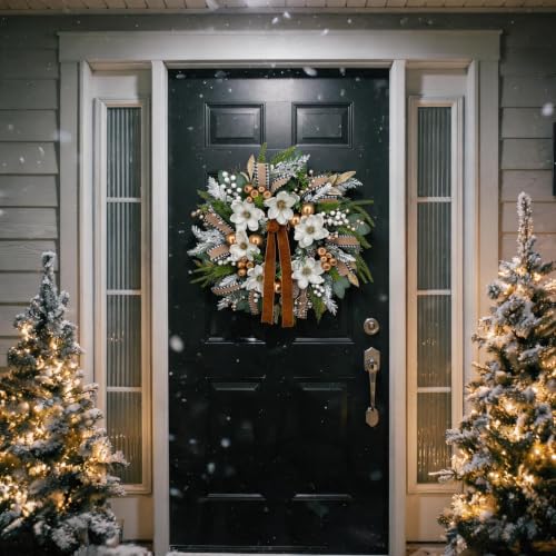 24-Inch Farmhouse Christmas Wreath with Magnolia & Pine | Buffalo Check Ribbon