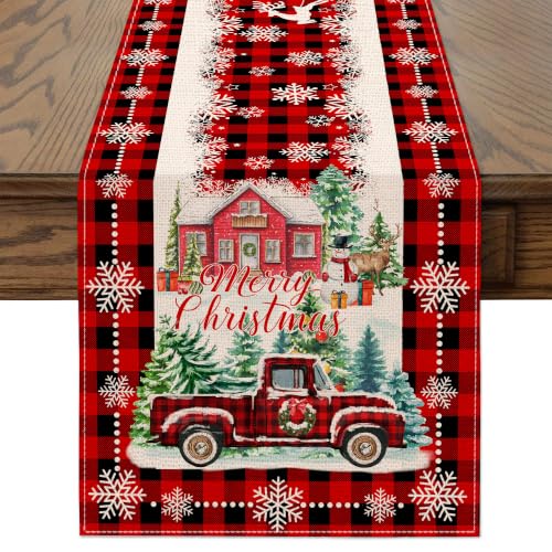 Cusugbaso Red Plaid Truck Christmas Table Runner 13x72 in