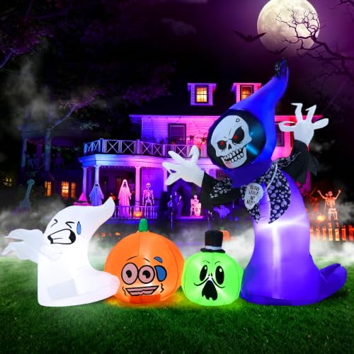 GIFTFIND 8FT Halloween Inflatable Witch Pumpkin Ghost Outdoor Decorations with LED Lights