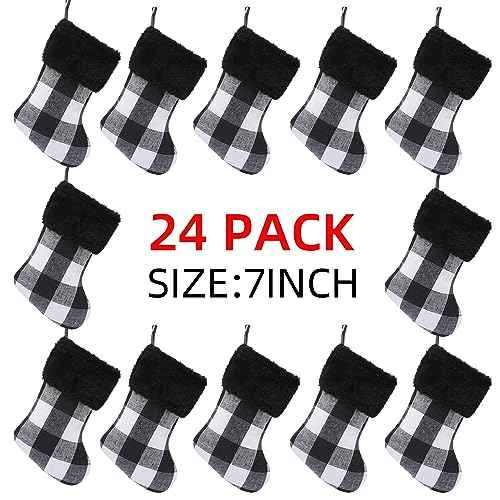 Mini Christmas Stockings 7 inch 24pcs, Buffalo Check and Plush Stocking Cuffs Composition Christmas Stockings, Christmas Hamging Decorations