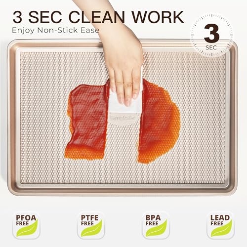 HONGBAKE Champagne Gold Nonstick Baking Sheet Set of 3 - Heavy Duty Carbon Steel with Diamond Texture, Oven Safe Up to 450°F