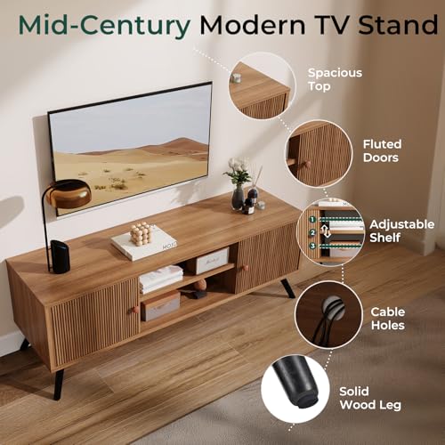 GTPLAYER Cocoa 53in TV Stand - Mid Century Modern Entertainment Center for 55/60/65 Inch TVs with Fluted Doors
