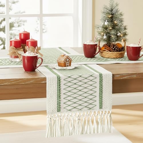 Sage Green Boho Macrame Table Runner 12 x 108 in - Hibate Sage Green 12" W x 108" L