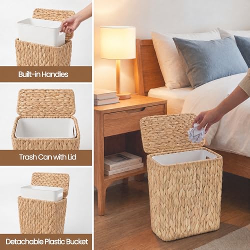 Water Hyacinth Wicker Trash Can with Lid, 3-Gallon Bathroom Waste Bin