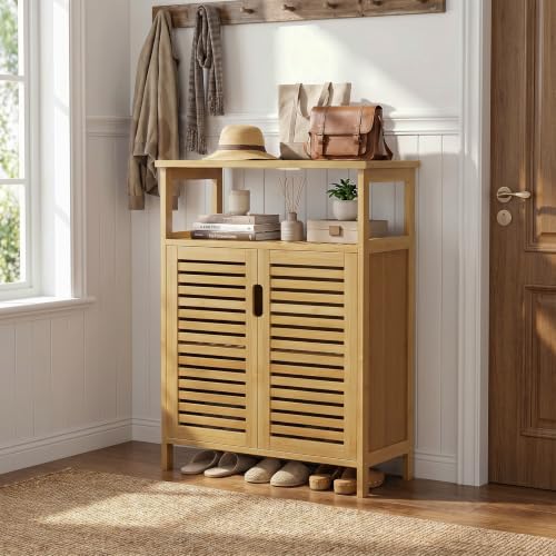 Bamboo Freestanding Bathroom Floor Storage Cabinet with Doors & Shelf - Variation of THIS listing