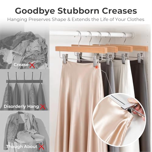 Wooden Pants Hangers with Clips - Natural Finish, Pack of 25 - Strong Clamping Skirt Hangers