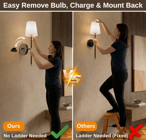 Wireless Rechargeable Wall Sconces Set of 2 - Gold Fabric Shade Dimmable Lights with Remote for Bedroom & Living Room