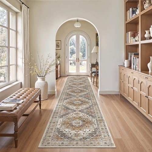Madane Washable Runner Rug 2x12 Ft Turmeric & Grey Non-Slip Hallway Carpet