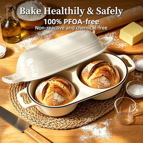 Enamelled Cast Iron Double Round Bread Loaf Pot with Lid - Cream White - 2 Chambers