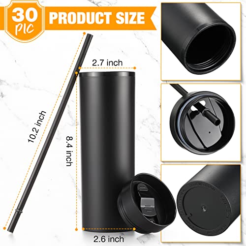 Potchen 16 oz Black Skinny Tumblers Bulk Set with Lids & Straws - 30 Pack