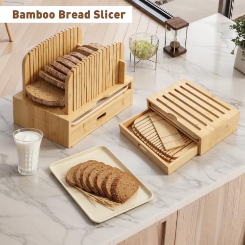Bamboo Bread Slicer with Adjustable Width Guides - Compact Loaf Cutter for Perfect Home Baked Bread