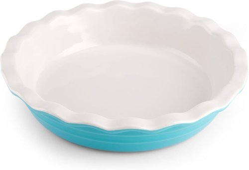 Farberware Bakers Advantage 10-Inch Pie Dish - Stoneware Ceramic Pan with Scalloped Edge | Two-Tone Teal & Ivory