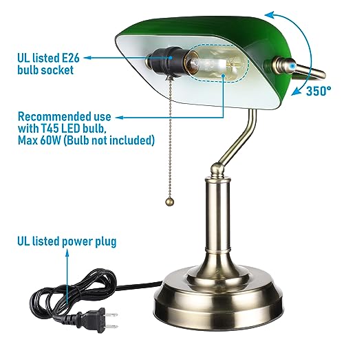 Green Glass Bankers Desk Lamp with Pull Chain - Retro E26 Table Light