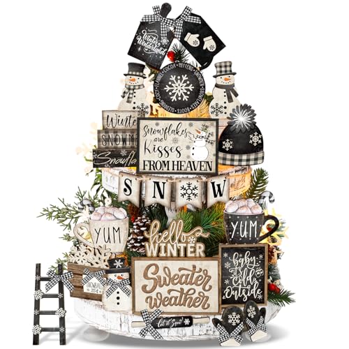 23 Pcs Christmas Tiered Tray Decor Snowman Farmhouse Decor Christmas Sign Winter Table Centerpieces Winter Wood Blocks Signs for Home Shelf, Without Tray (Black, White,Snow)