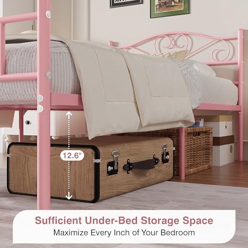 Pink Twin Size Metal Platform Bed Frame with Headboard & Footboard, Heavy Duty Support