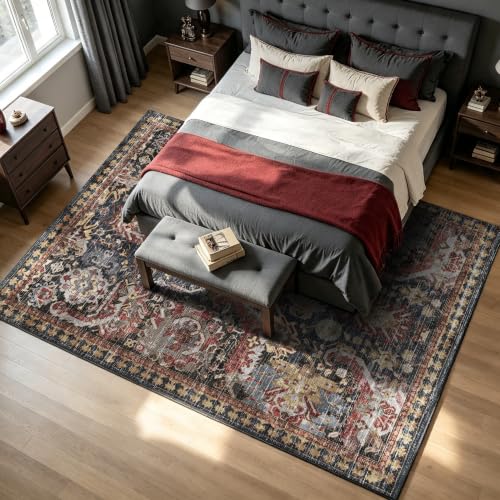 Washable Area Rug - Vintage Tribal Design, Non-Slip Water-Resistant, 6' x 9', Rust - Perfect for Living Room & Bedroom