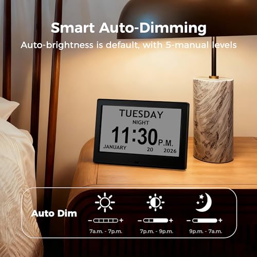 Pastigio 7'' Black Digital Dementia Clock with Large Display & Adjustable Brightness