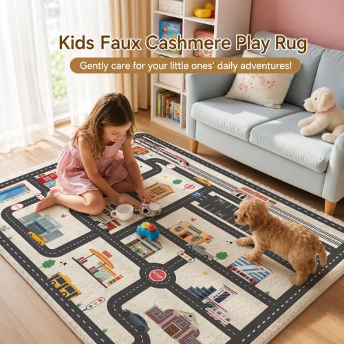 Nayoroom Kids Car Road Playroom Rug 4x6 ft Faux Wool City Map Non-Slip