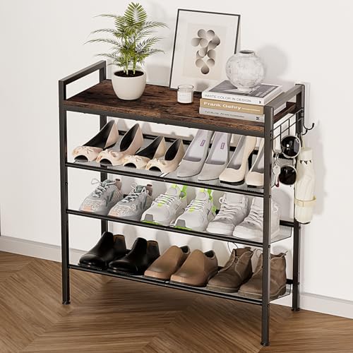 Neatevday Black 4-Tier Shoe Rack with Adjustable Mesh Shelves & Hooks
