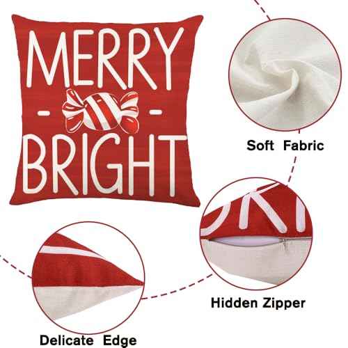 4pcs Christmas Pillow Covers Decoration,18x18in Red Candy Pillow Case Merry Bright Holly Throw Pillow Covers Cushion Cases for Winter Holiday Seasonal Farmhouse Couch Sofa Home Decor