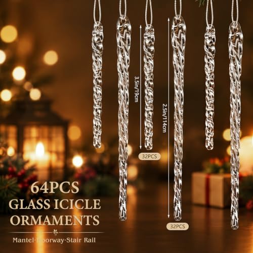 Patelai 64 Pcs Clear Glass Icicle Ornaments for Christmas Tree - 32x3.5in & 32x5.5in - Hanging Wire Included