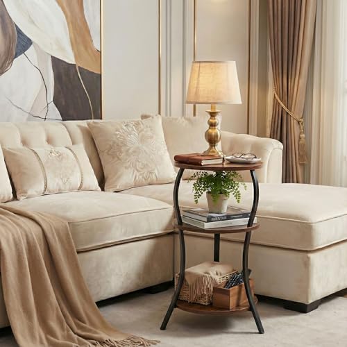 YEAKOO Rustic Brown 3-Tier Small Round Side Table - Vintage Modern End Table