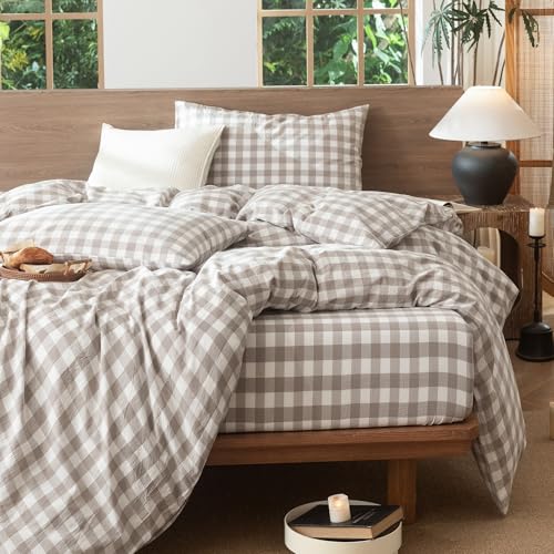 Gingham Duvet Cover Set - Buffalo Plaid Tannish Linen Grey King Variation
