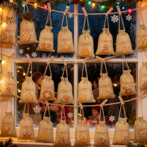 GWHOLE 24Pcs Empty Advent Calendar Bags to Fill Yourself, 24 Days Countdown to Christmas Burlap Bags with Drawstring, DIY Advent Calendar for Christmas Home Party Xmas Decorations