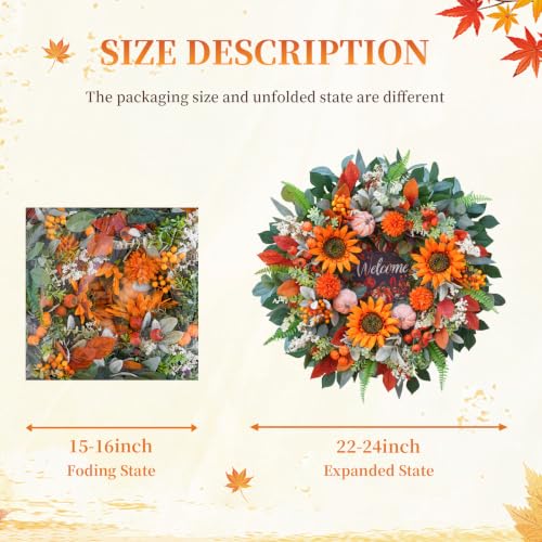 24In Fall Wreaths for Front Door, Welcome Sunflower Pumpkin Autumn