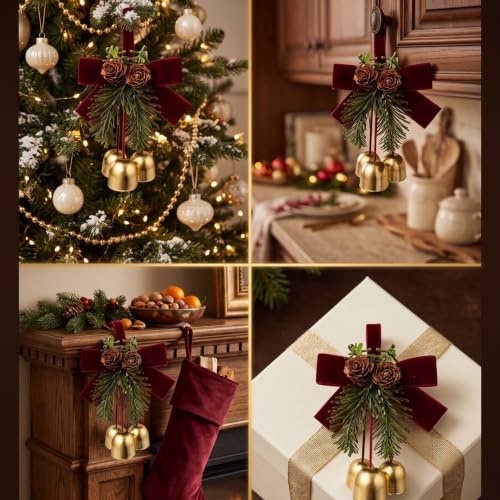 4 Pack Christmas Bow Ornaments with Jingle Bells, Pine Cone Hanging