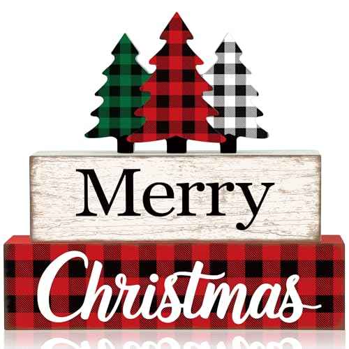 3 Pcs Merry Christmas Table Wooden Decor Christmas Tree Wood Block Sign Xmas Buffalo Plaid Tabletop Centerpiece Xmas Rustic Tiered Tray Decor for Winter Farmhouse Home Kitchen Office Shelf Decoration