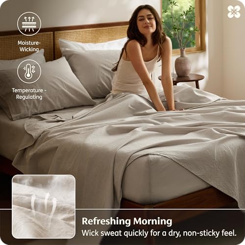 Bedsure Beige King Size Linen Cotton Blend Sheets Set - Natural, Breathable, Deep Pocket