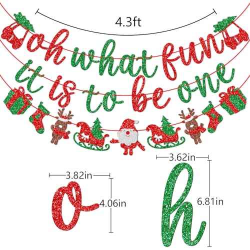 Qttier Oh What Fun It Is to Be One Banner, Pre-strung Christmas 1st Birthday Party Decorations, Red and Green Glitter