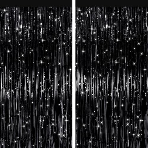 2 Pack Black Metallic Tinsel Foil Fringe Curtains, Door Streamers Photo Booth Backdrop for Birthday Party, Tinsel Curtain Backdrop for Baby Shower Bachelorette Christmas Party Decorations