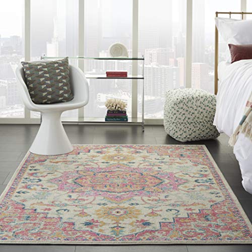 Nourison Passion Ivory Pink Rectangular Area Rug 6'7" x 9'6" - Easy Clean, Non Shedding, Living Room, Bedroom