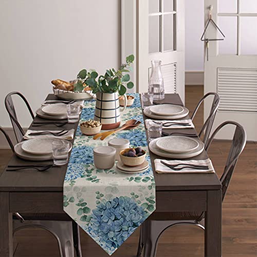 Farmhouse Table Runner 13x72 Linen Look with Eucalyptus Blue Hydrangea